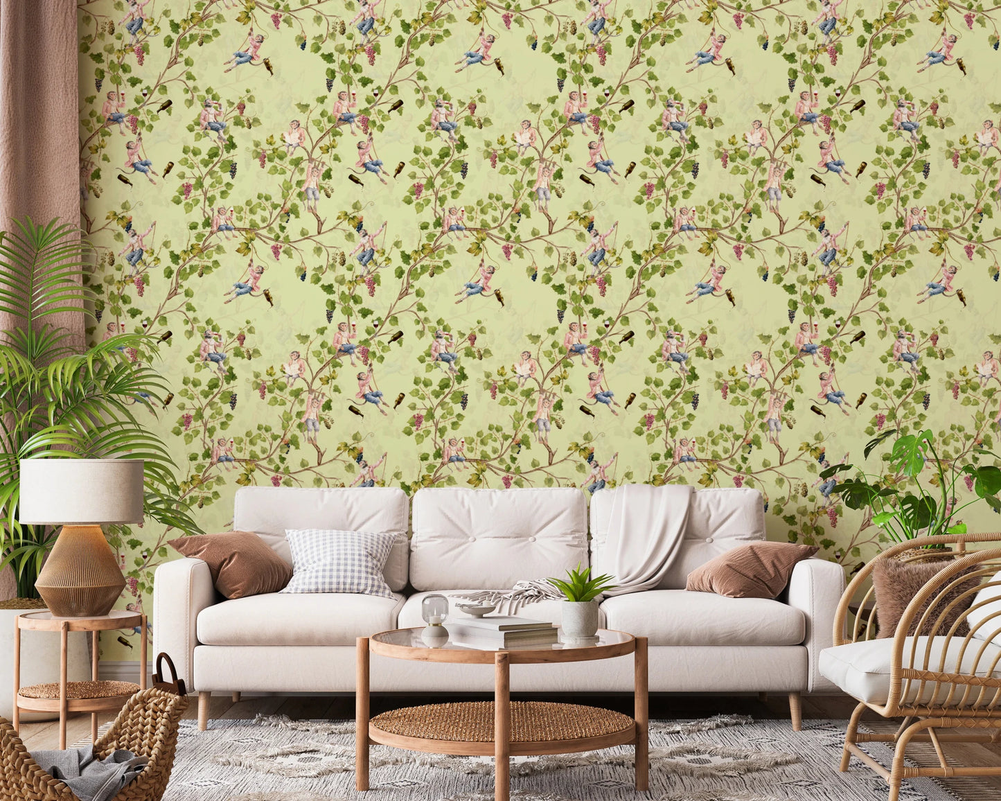 Whimsical Rococo Monkeys Wine Festival Aristocratic Vineyard Vintage Garden green Wallpaper⁠