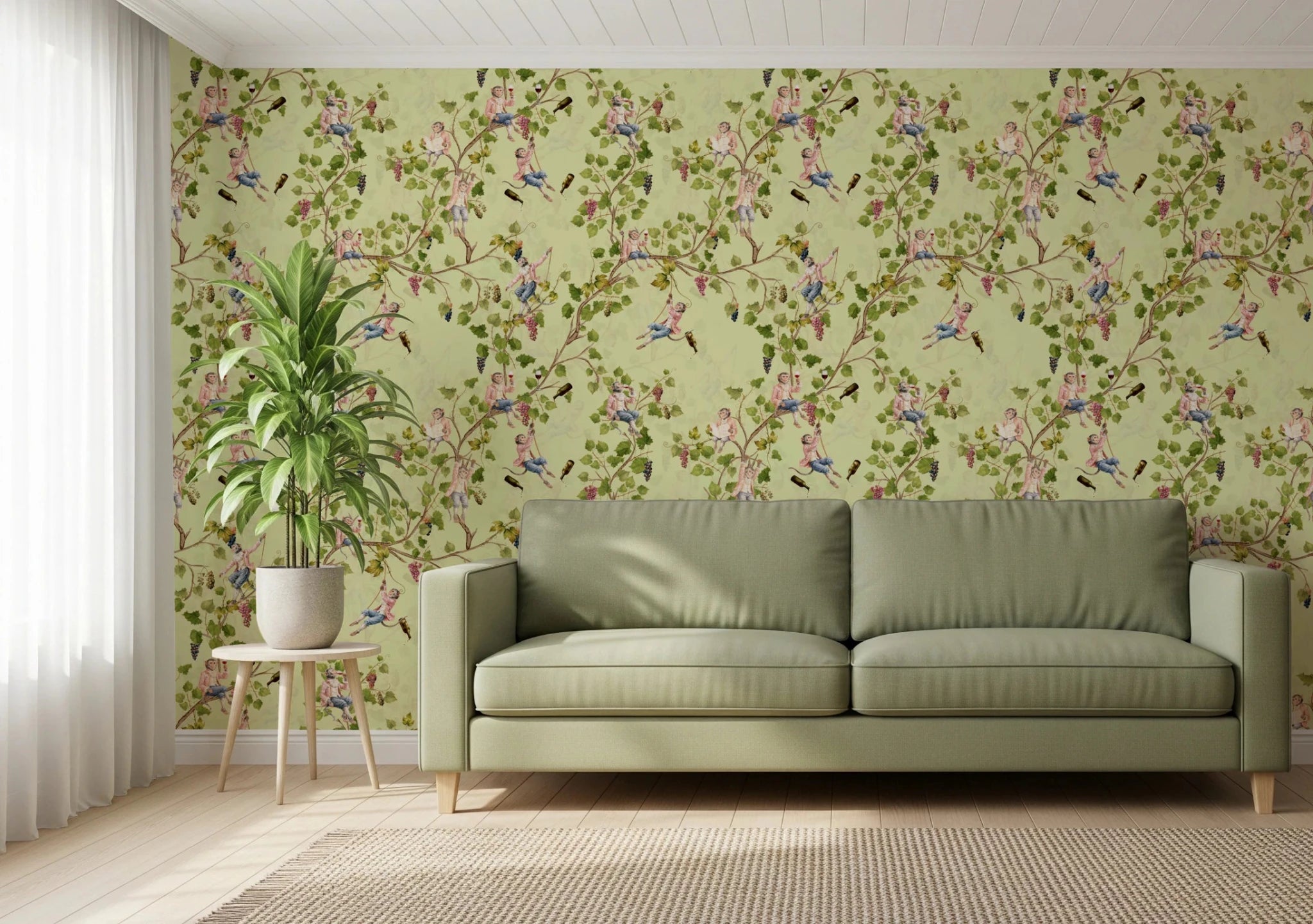 Whimsical Rococo Monkeys Vineyard Vintage Green Wallpaper
