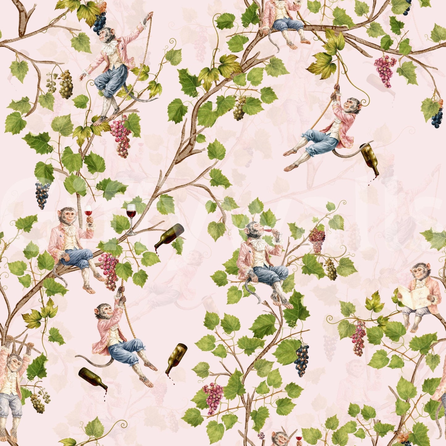 Whimsical Rococo Monkeys Wine Festival Aristocratic Vineyard Vintage Garden pink Wallpaper⁠