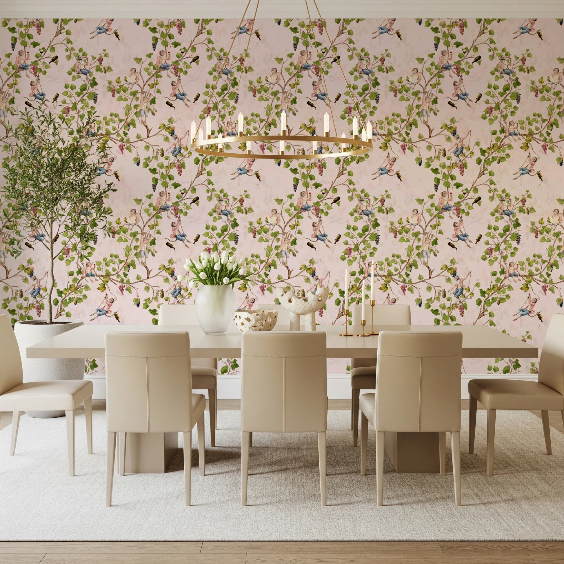 Whimsical Rococo Monkeys Wine Festival Aristocratic Vineyard Vintage Garden pink Wallpaper⁠