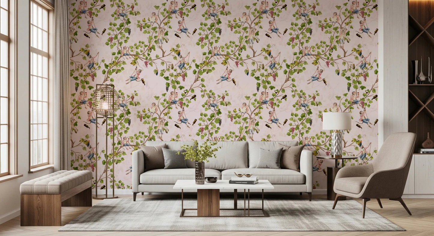 Whimsical Rococo Monkeys Wine Festival Aristocratic Vineyard Vintage Garden pink Wallpaper⁠