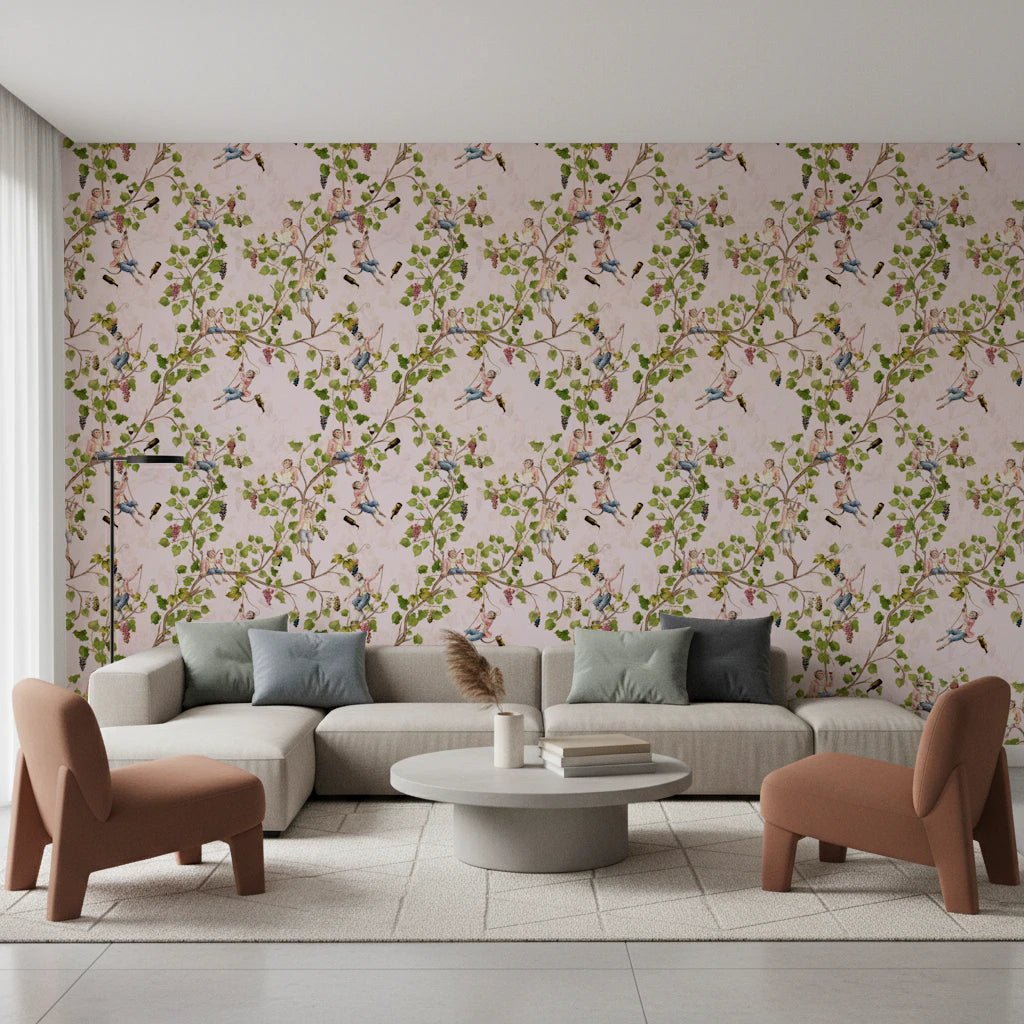 Whimsical Rococo Monkeys Wine Festival Aristocratic Vineyard Vintage Garden pink Wallpaper⁠
