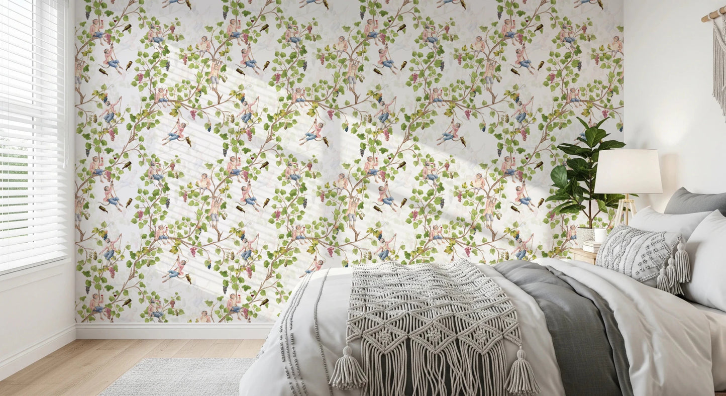Whimsical Rococo Monkeys Wine Festival Aristocratic Vineyard Vintage Garden white Wallpaper⁠