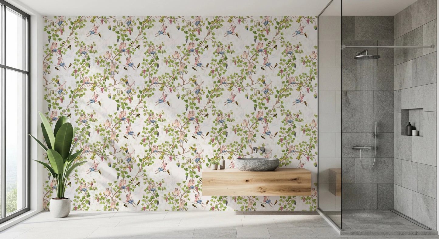 Whimsical Rococo Monkeys Wine Festival Aristocratic Vineyard Vintage Garden white Wallpaper⁠