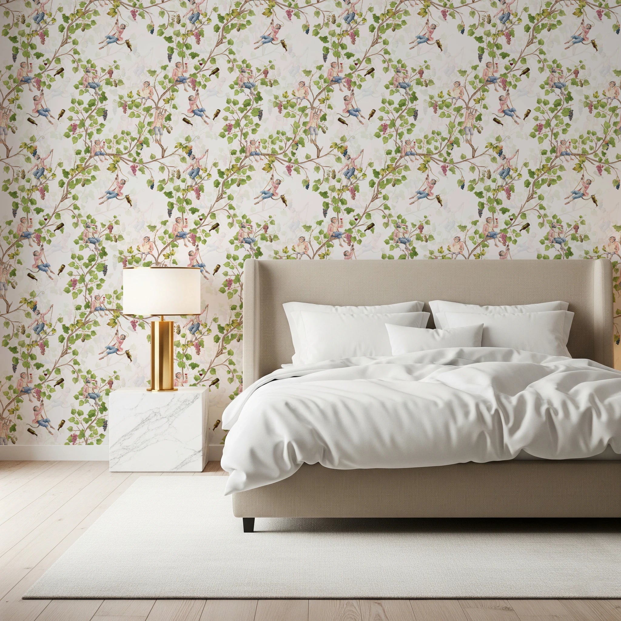 Whimsical Rococo Monkeys Vintage Garden White Wallpaper
