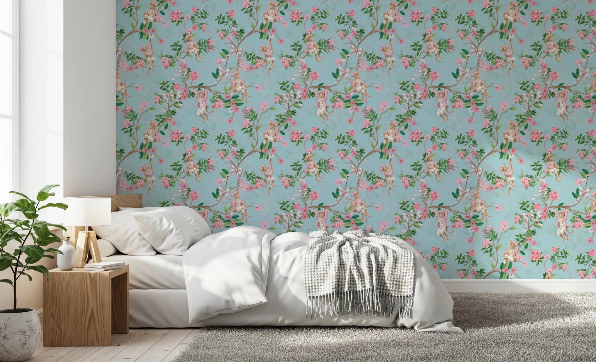 Papel de parede azul vintage com macacos rococó extravagantes para jardim.