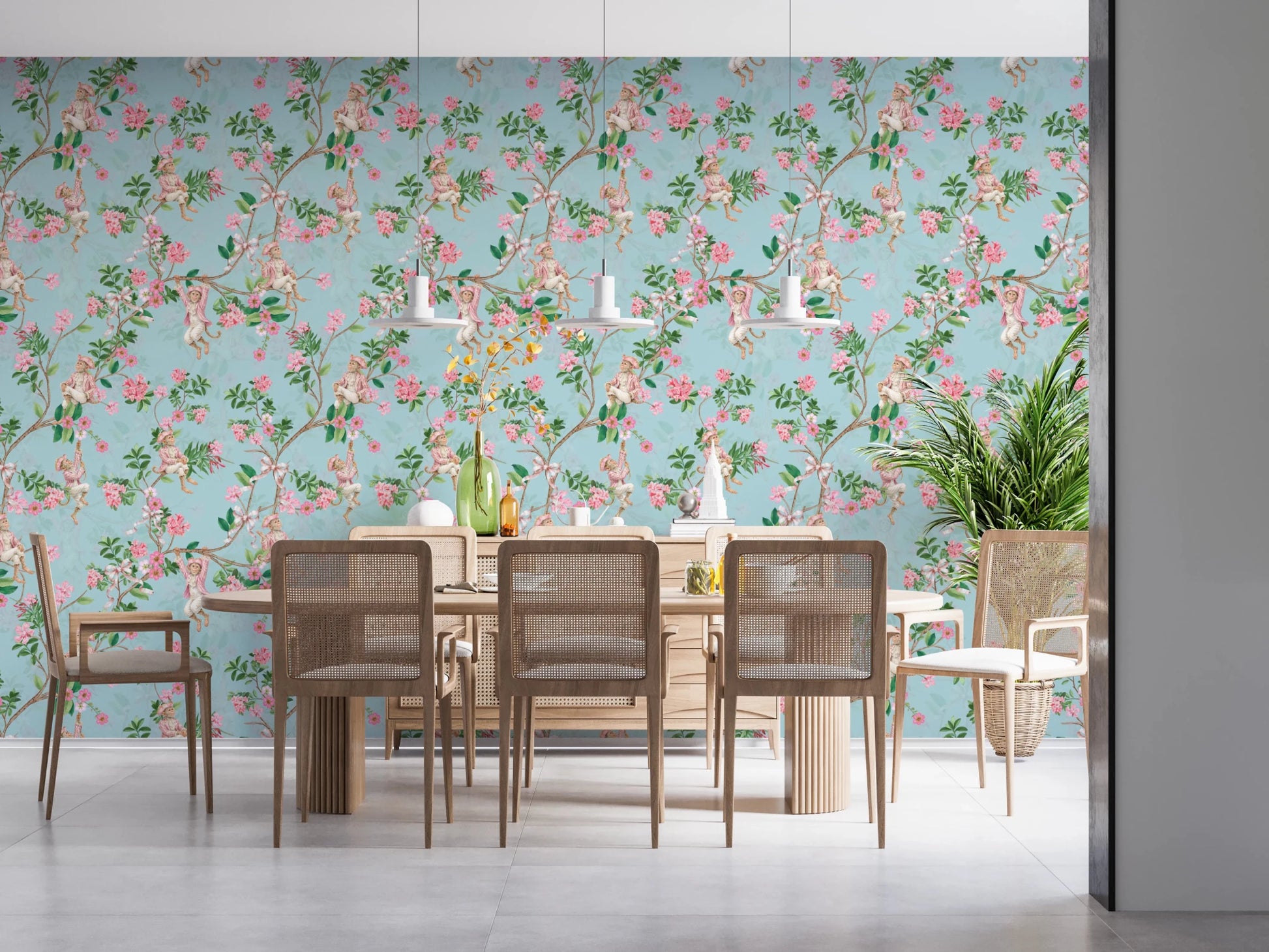 Whimsical Rococo Monkeys Wine Festival Vintage Aristocratic Vineyard Garden Party blue Wallpaper⁠