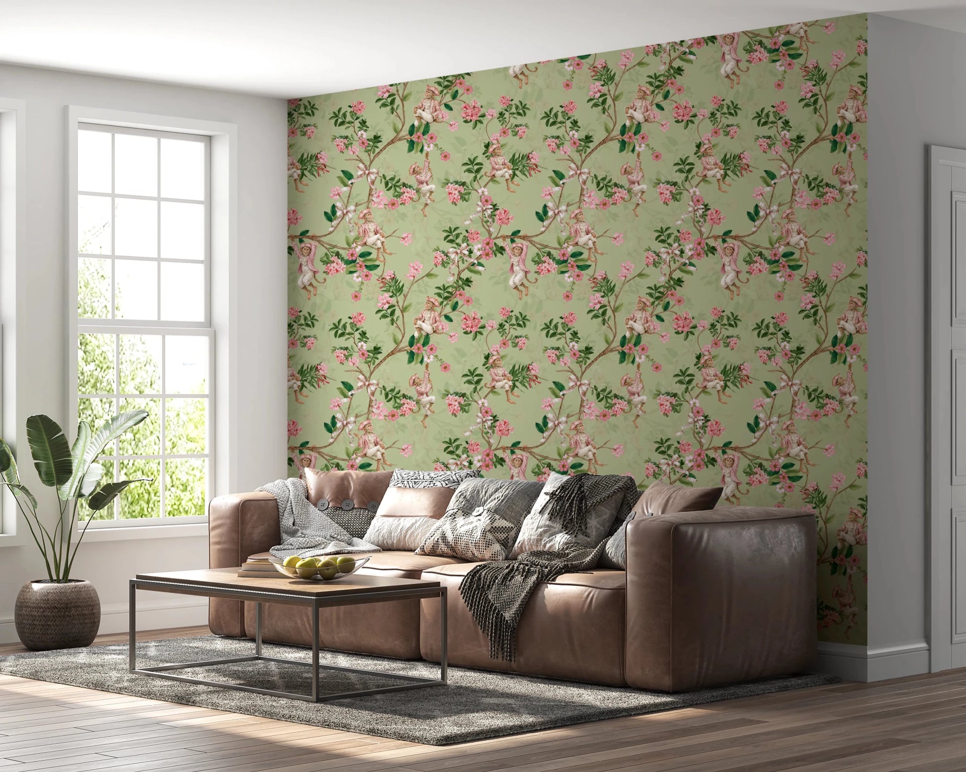 Whimsical Rococo Monkeys Wine Festival Vintage Aristocratic Vineyard Garden Party green Wallpaper⁠