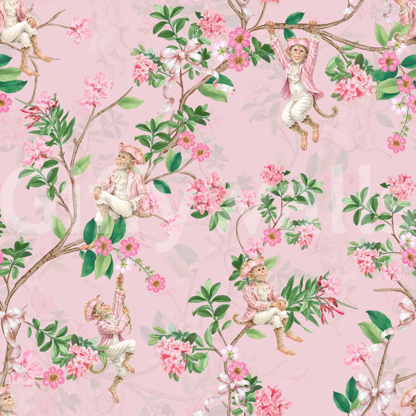 Whimsical Rococo Monkeys Wine Festival Vintage Aristocratic Vineyard Garden Party pink Wallpaper⁠