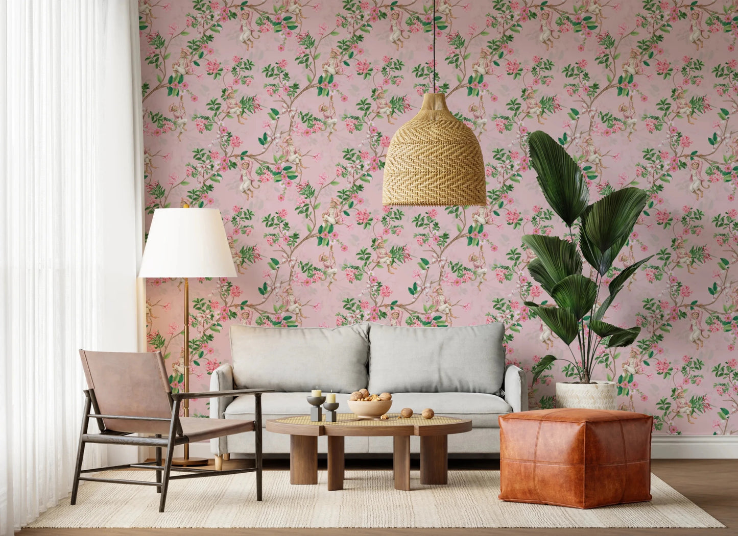 Whimsical Rococo Monkeys Wine Festival Vintage Aristocratic Vineyard Garden Party pink Wallpaper⁠