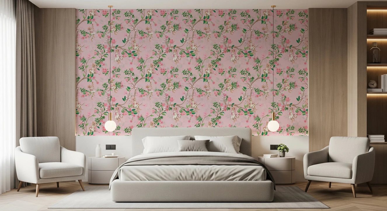 Whimsical Rococo Monkeys Wine Festival Vintage Aristocratic Vineyard Garden Party pink Wallpaper⁠