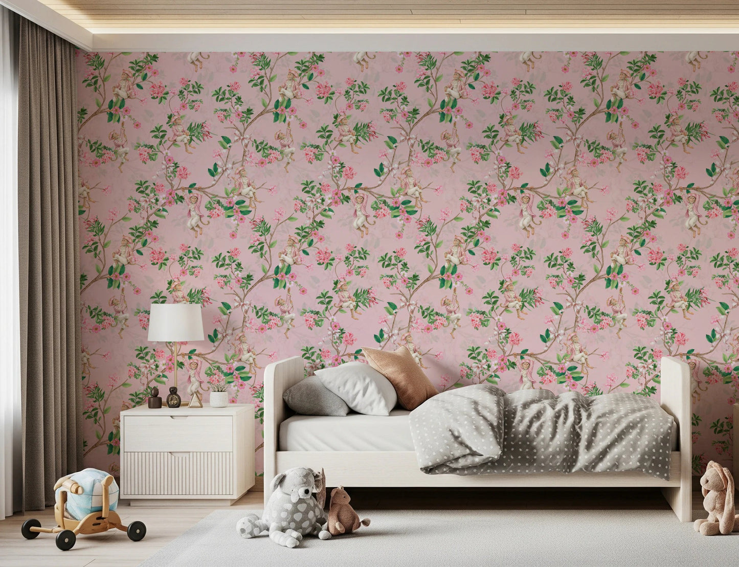 Whimsical Rococo Monkeys Wine Festival Vintage Aristocratic Vineyard Garden Party pink Wallpaper⁠