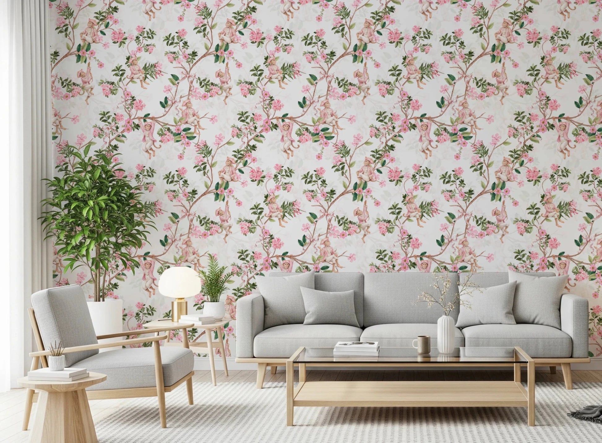 Whimsical Rococo Monkeys Wine Festival Vintage Aristocratic Vineyard Garden Party white Wallpaper⁠