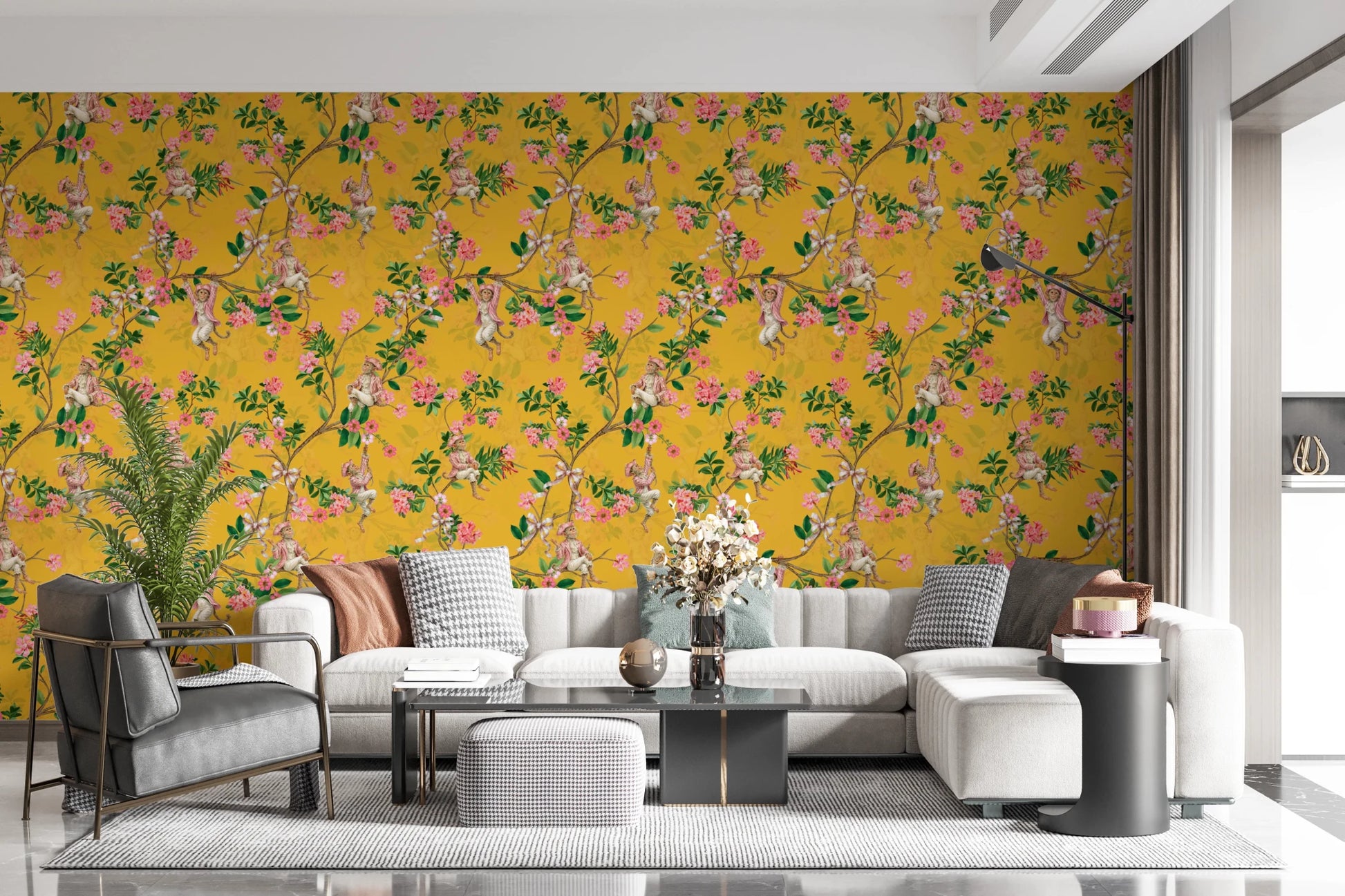 Whimsical Rococo Monkeys Wine Festival Vintage Aristocratic Vineyard Garden Party yellow Wallpaper⁠