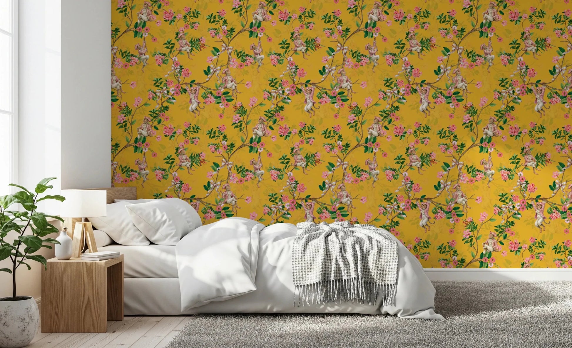 Whimsical Rococo Monkeys Wine Festival Vintage Aristocratic Vineyard Garden Party yellow Wallpaper⁠