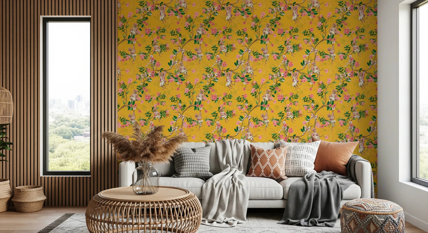 Whimsical Rococo Monkeys Wine Festival Vintage Aristocratic Vineyard Garden Party yellow Wallpaper⁠