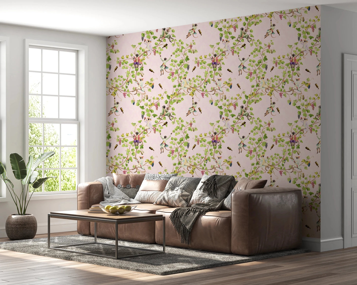 Whimsical Rococo Monkeys Wine Festival Vintage Aristocratic Vineyard Garden pink Wallpaper⁠