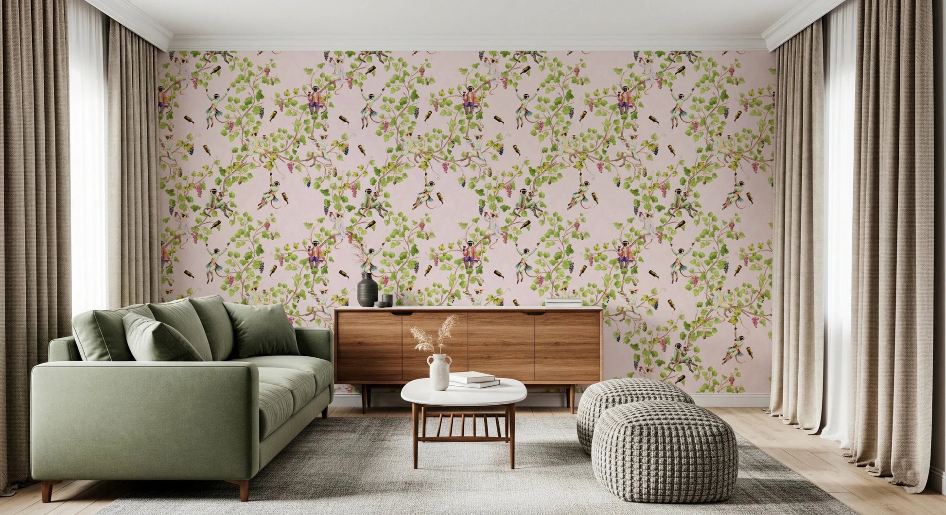 Whimsical Rococo Monkeys Wine Festival Vintage Aristocratic Vineyard Garden pink Wallpaper⁠