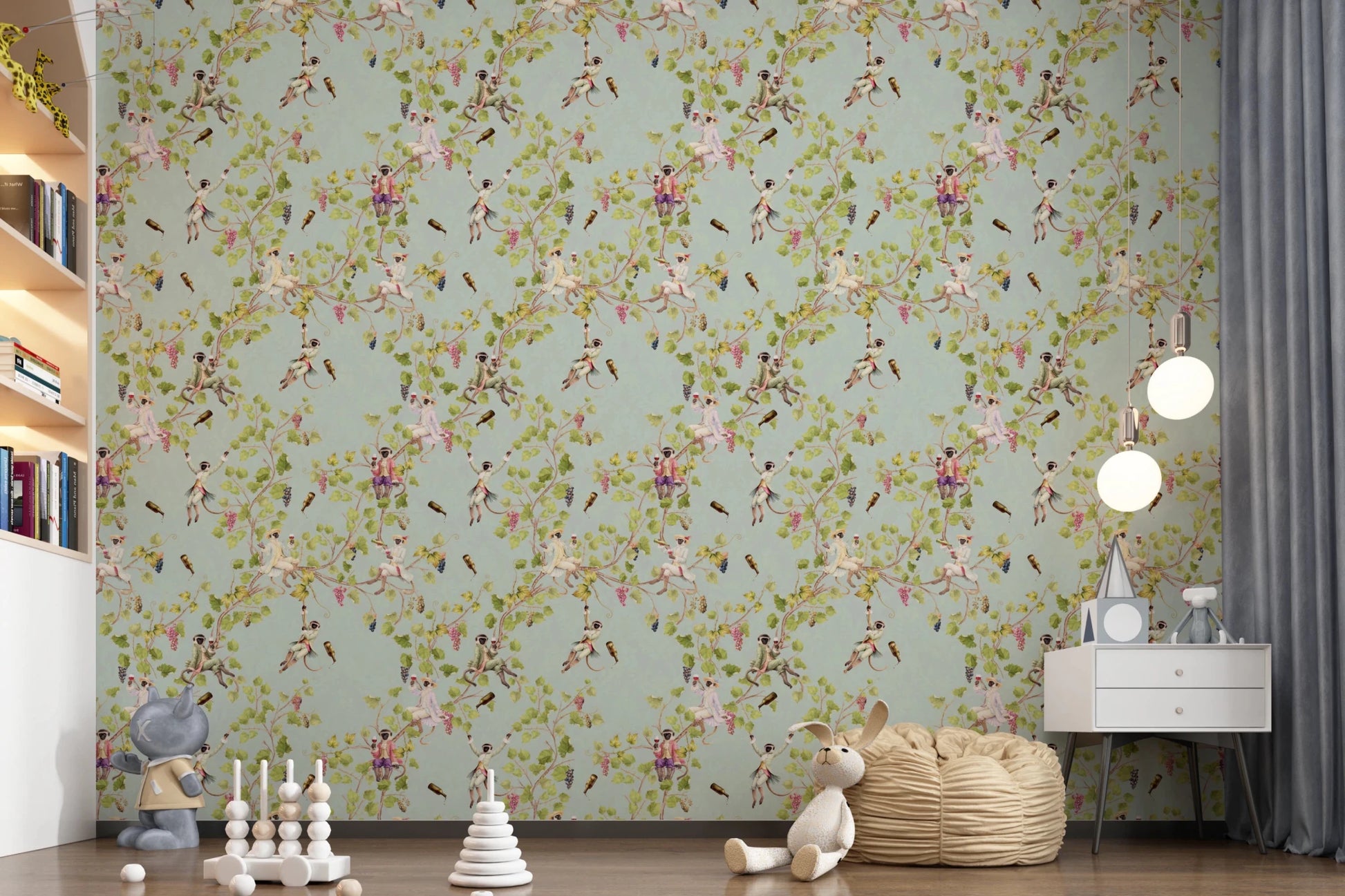 Whimsical Rococo Monkeys Wine Festival Vintage Aristocratic Vineyard Garden turquoise Wallpaper⁠