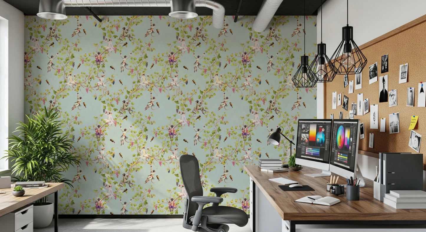Whimsical Rococo Monkeys Wine Festival Vintage Aristocratic Vineyard Garden turquoise Wallpaper⁠