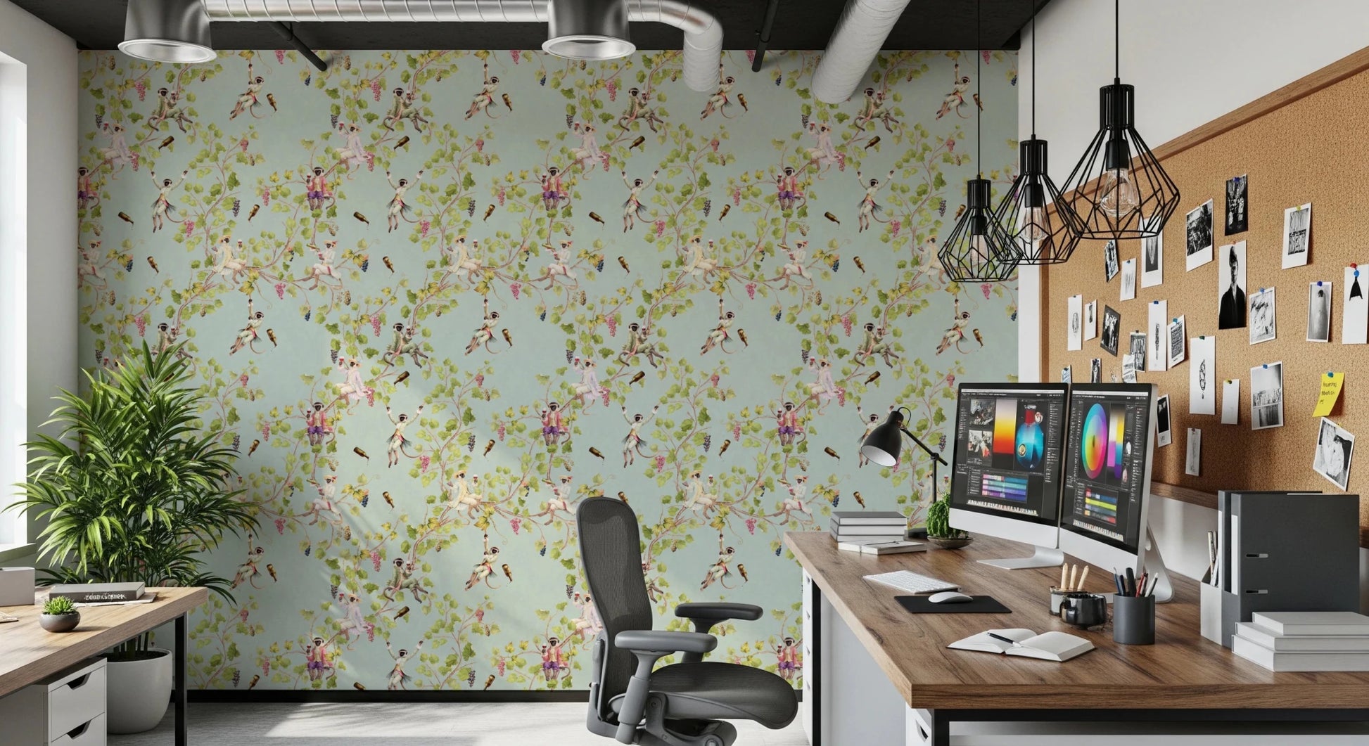 Whimsical Rococo Monkeys Wine Festival Vintage Aristocratic Vineyard Garden turquoise Wallpaper⁠