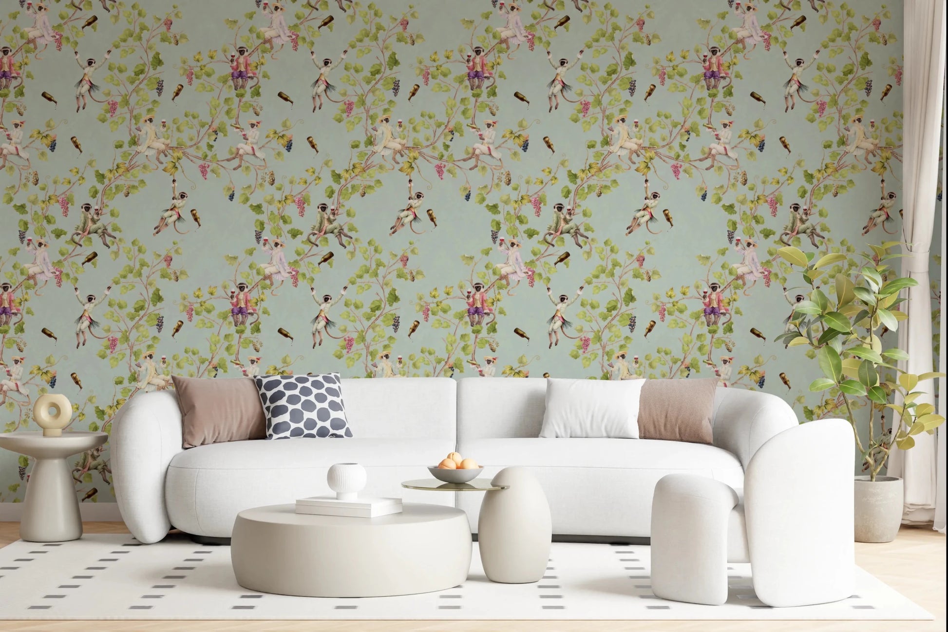 Whimsical Rococo Monkeys Wine Festival Vintage Aristocratic Vineyard Garden turquoise Wallpaper⁠