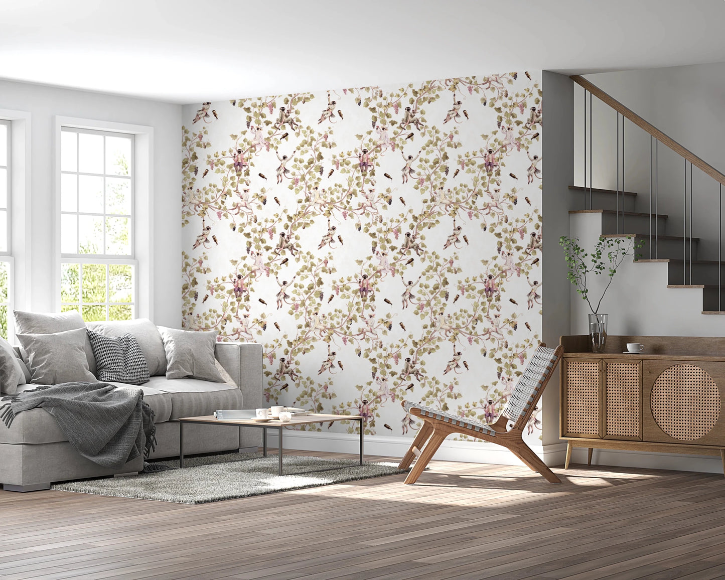 Whimsical Rococo Monkeys Wine Festival Vintage Aristocratic Vineyard Garden white Wallpaper⁠