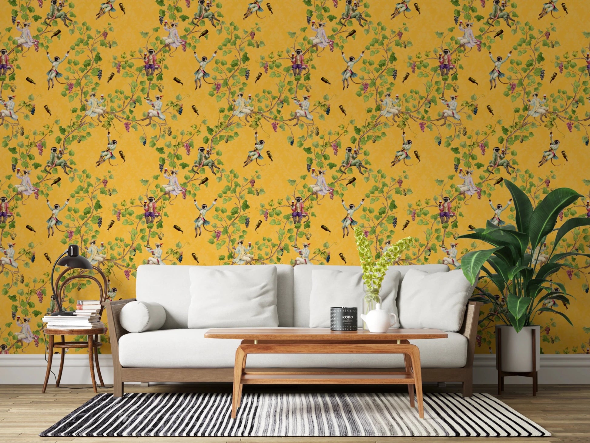 Whimsical Rococo Monkeys Wine Festival Vintage Aristocratic Vineyard Garden yellow Wallpaper⁠