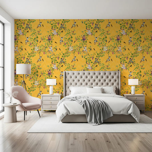 Whimsical Rococo Monkeys Wine Festival Vintage Aristocratic Vineyard Garden yellow Wallpaper⁠