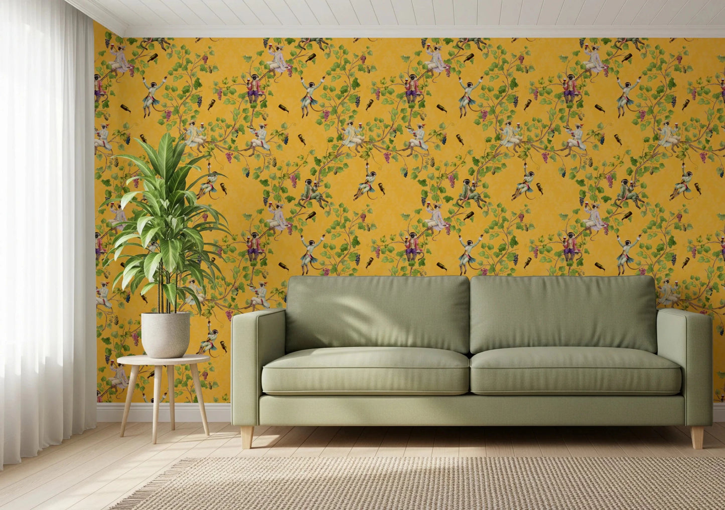 Whimsical Rococo Monkeys Wine Festival Vintage Aristocratic Vineyard Garden yellow Wallpaper⁠