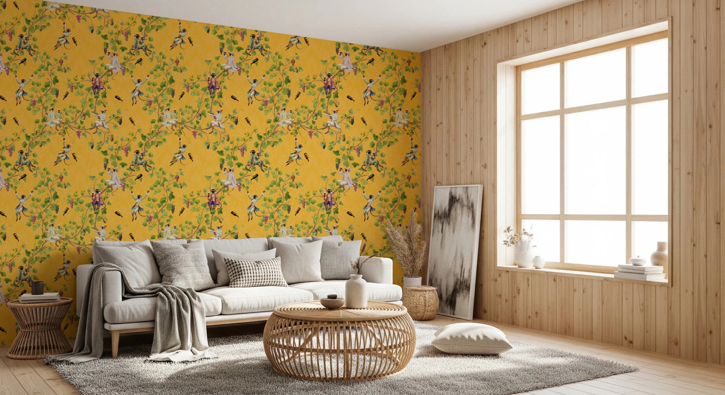 Whimsical Rococo Monkeys Wine Festival Vintage Aristocratic Vineyard Garden yellow Wallpaper⁠