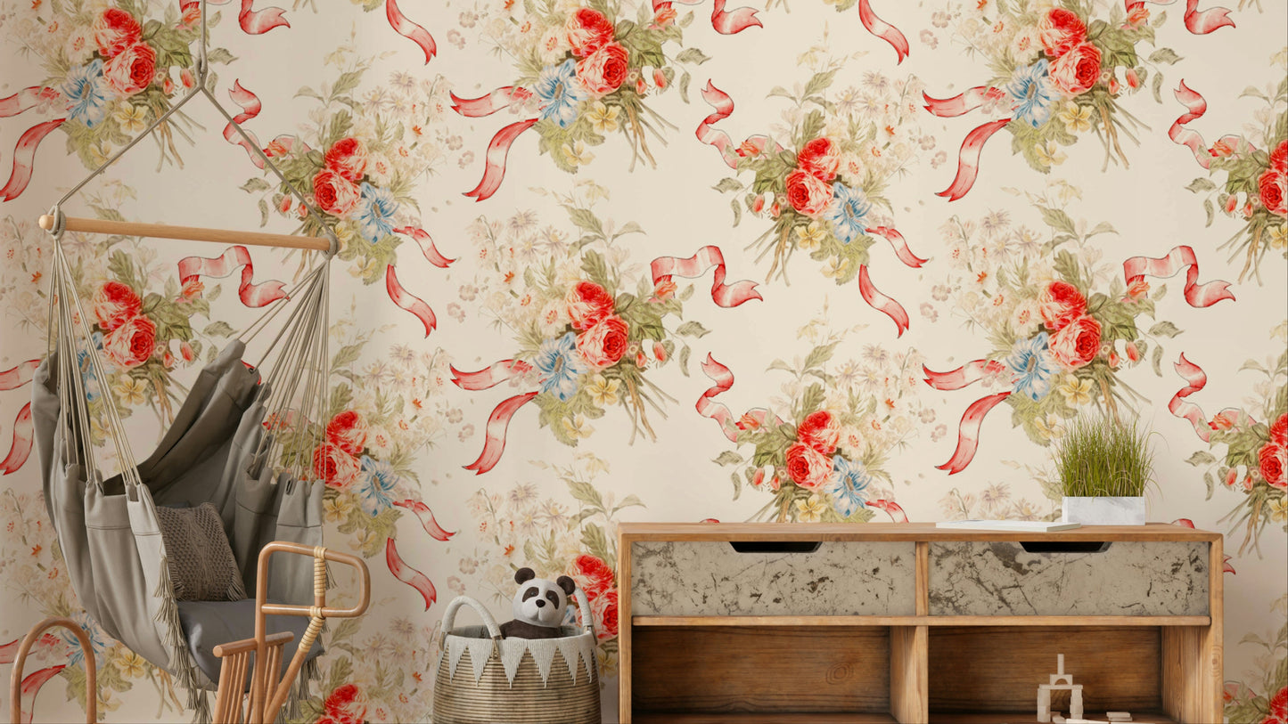 Whimsical Rose Garden Wallpaper with pink and red roses on striped background.

