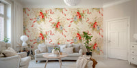 Cottage-style wall mural with roses, berries, and structured stripes.

