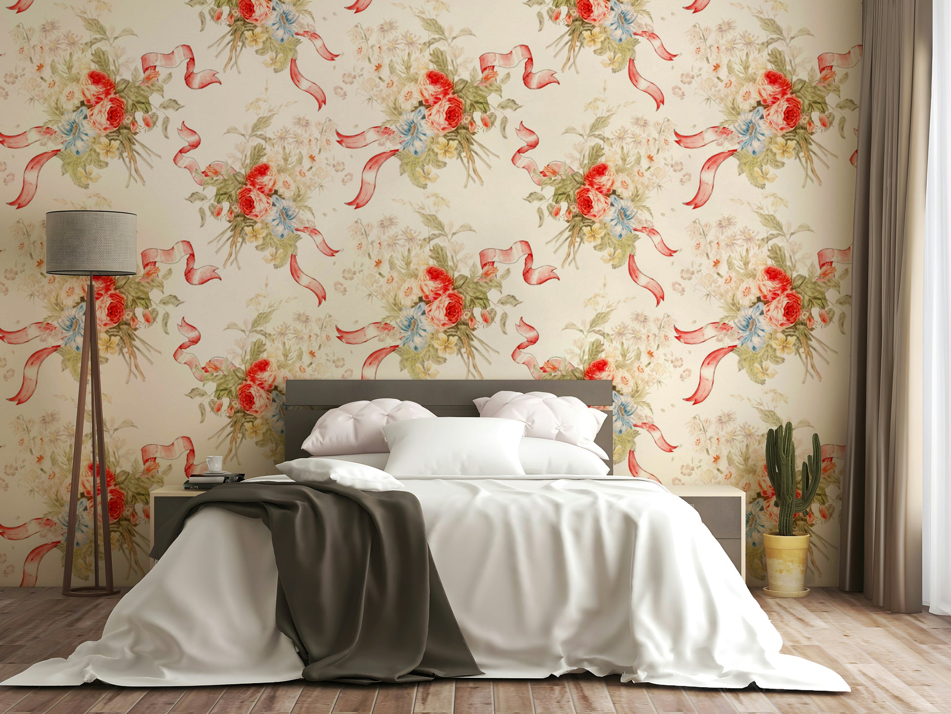 Delicate floral stripe wallpaper with bright and airy charm.

