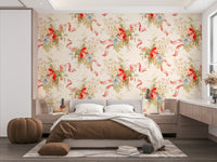 Romantic wallpaper with playful flowers and vertical lines.

