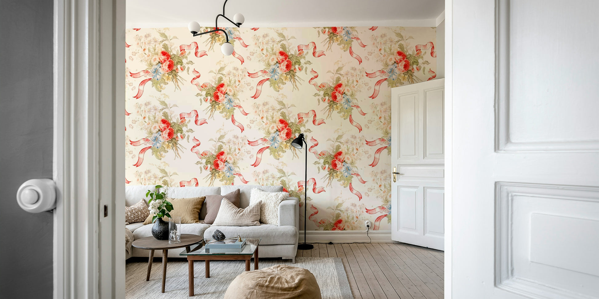 Floral stripe wallpaper with blue flowers, berries, and blush roses.

