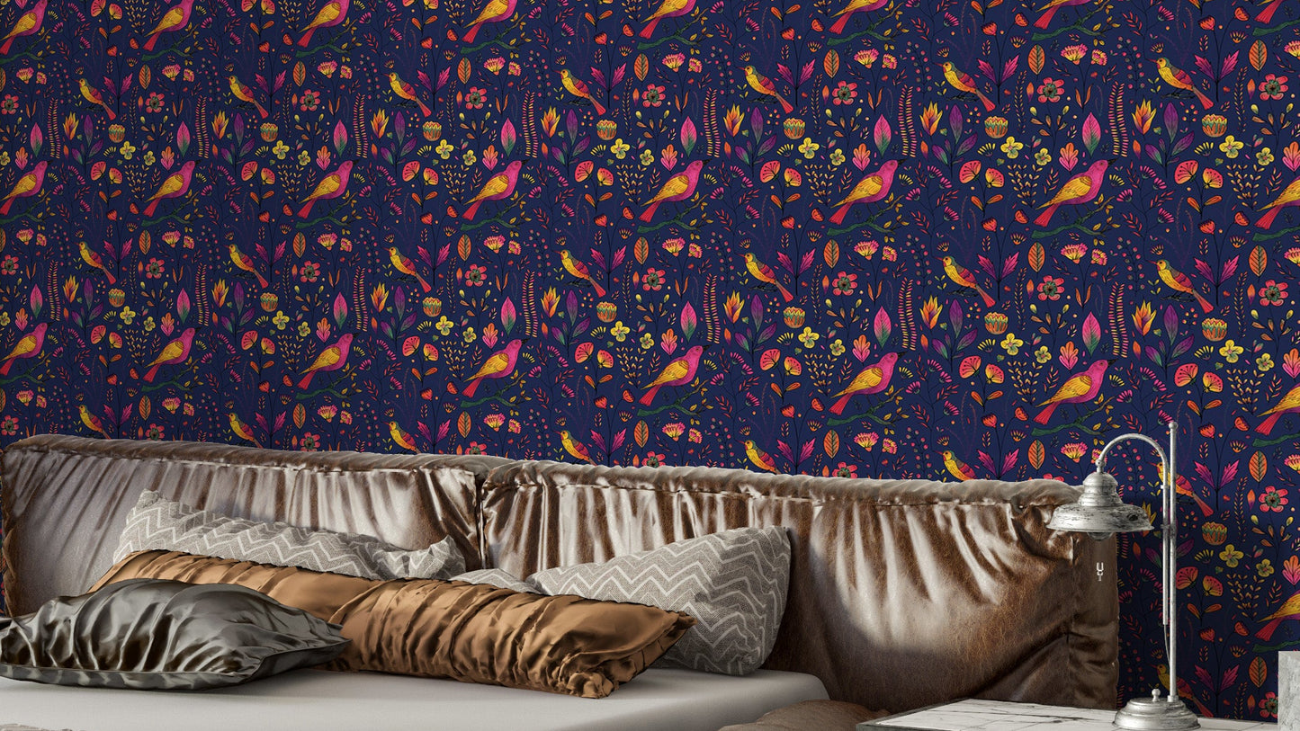 Whimsical Songbird Garden Navy Wallpaper