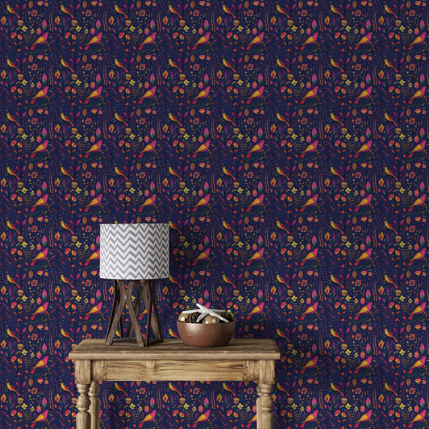 Whimsical Songbird Garden Navy Wallpaper