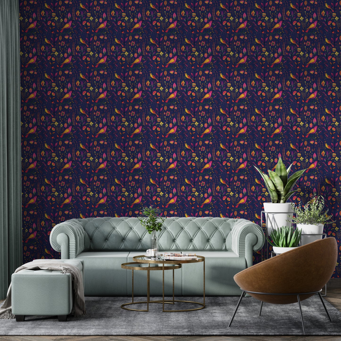 Whimsical Songbird Garden Navy Wallpaper