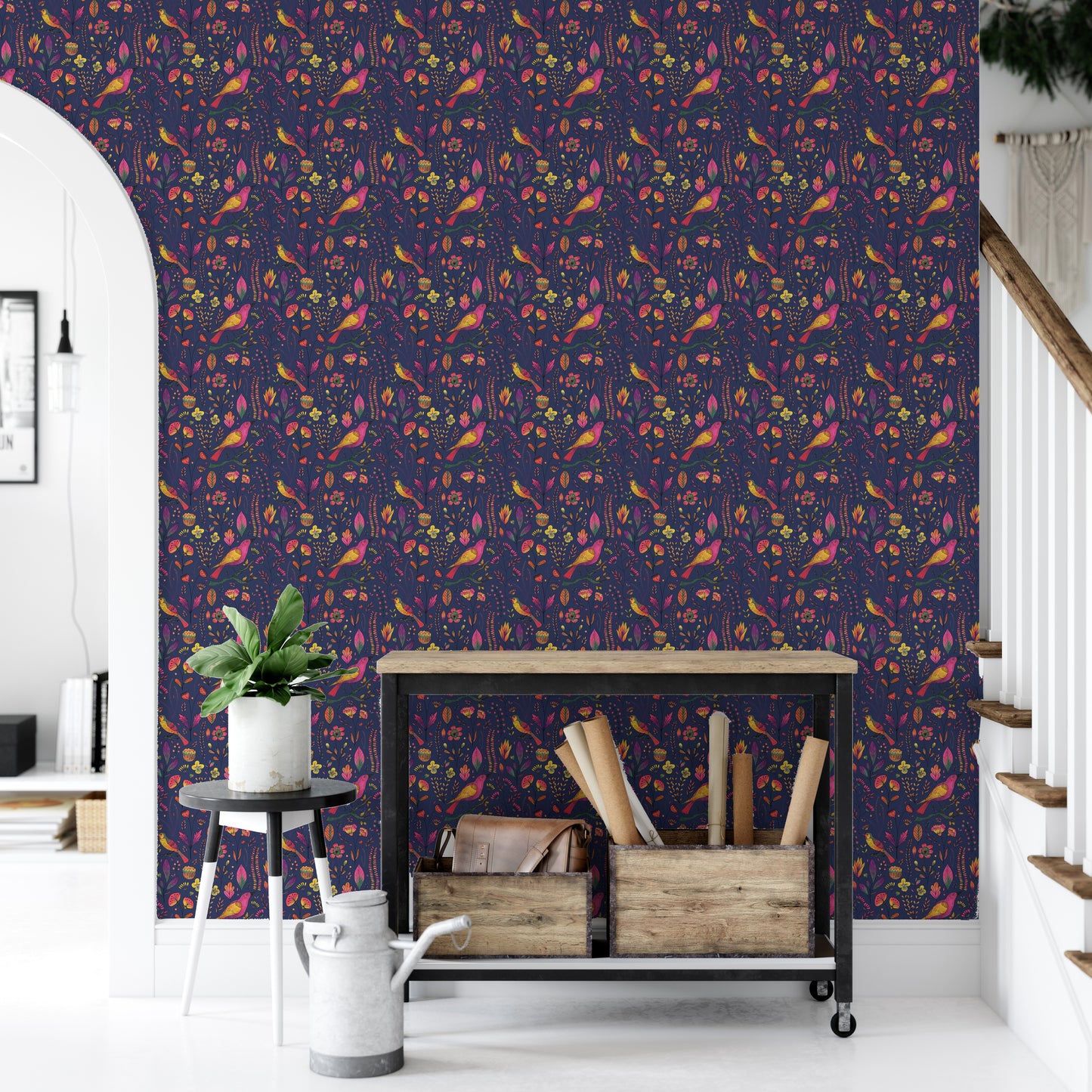 Whimsical Songbird Garden Navy Wallpaper