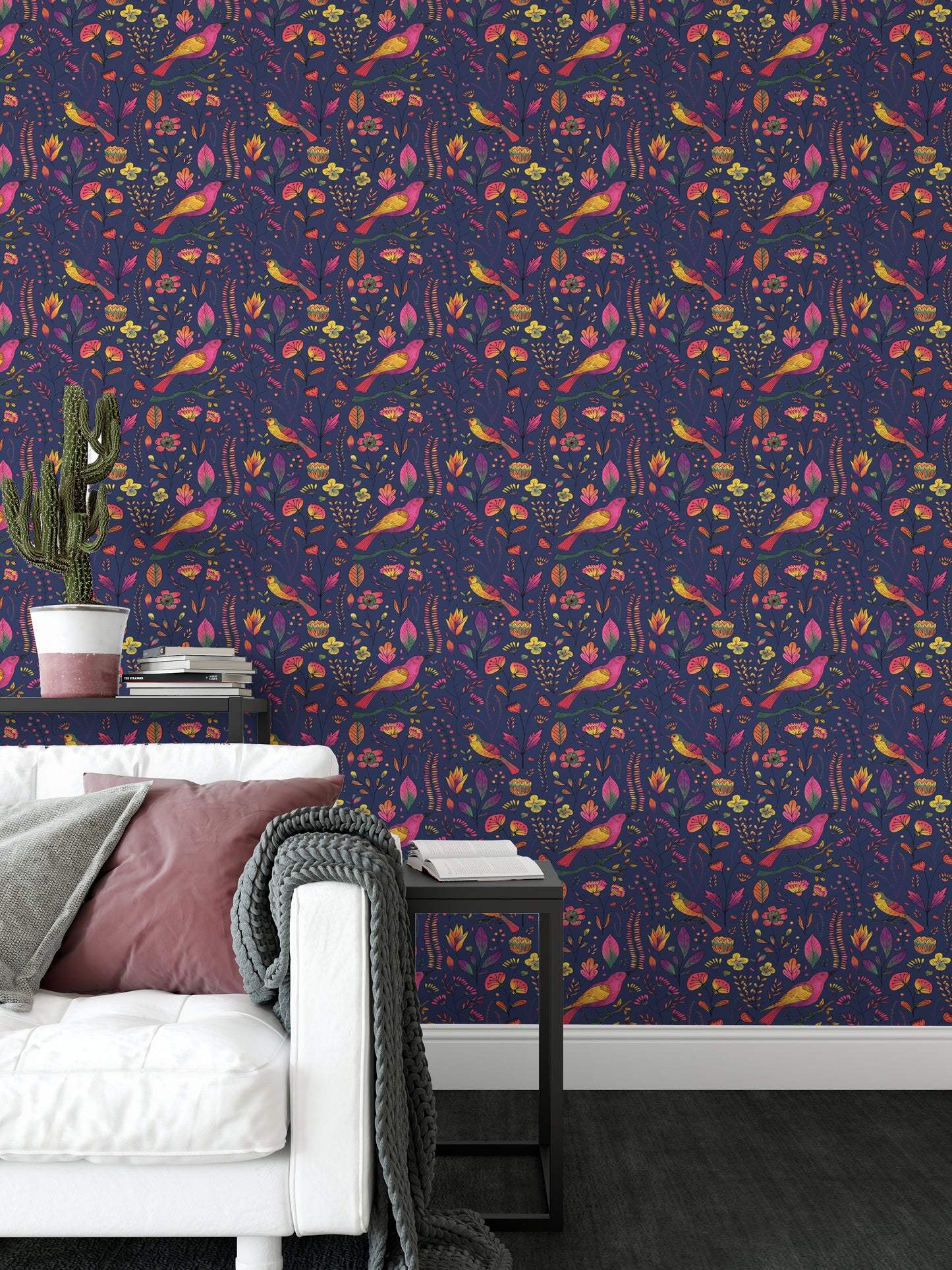 Whimsical Songbird Garden Navy Wallpaper