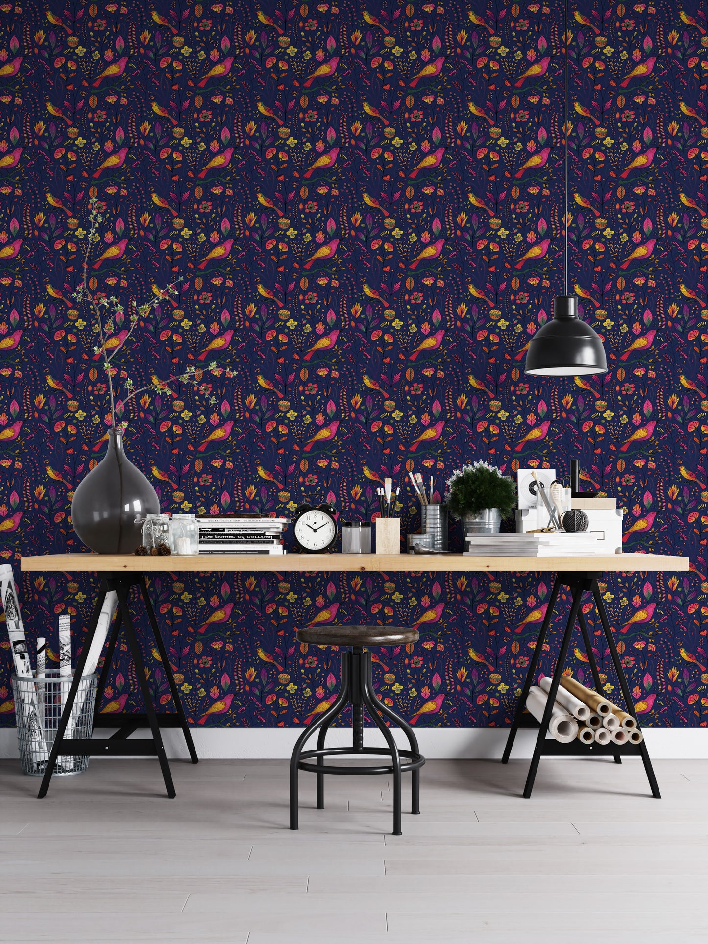 Whimsical Songbird Garden Navy Wallpaper