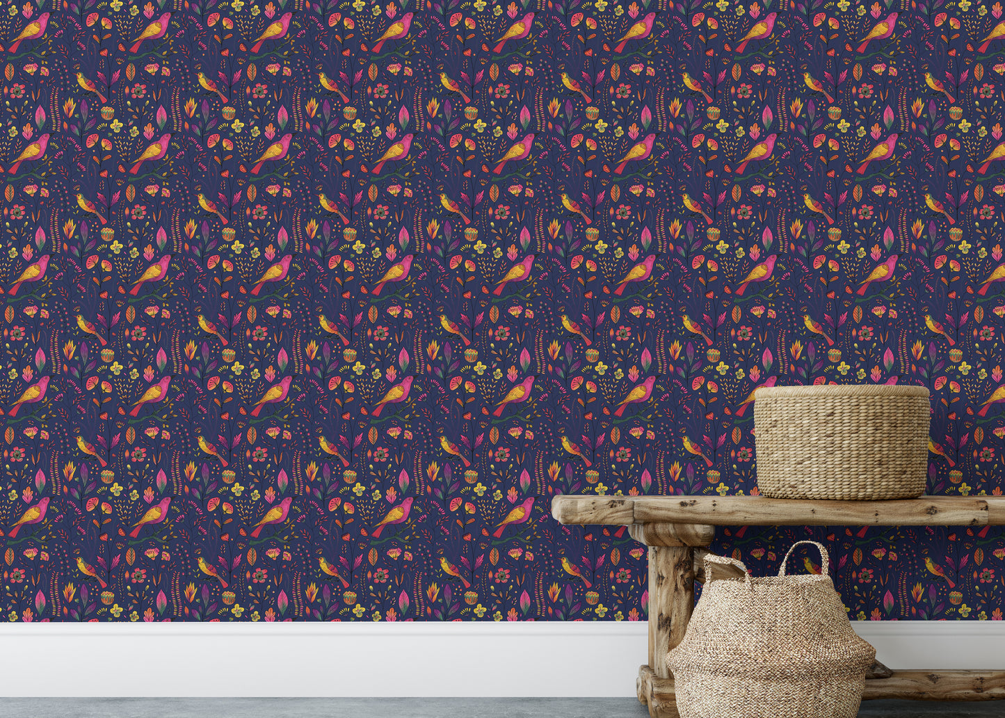 Whimsical Songbird Garden Navy Wallpaper