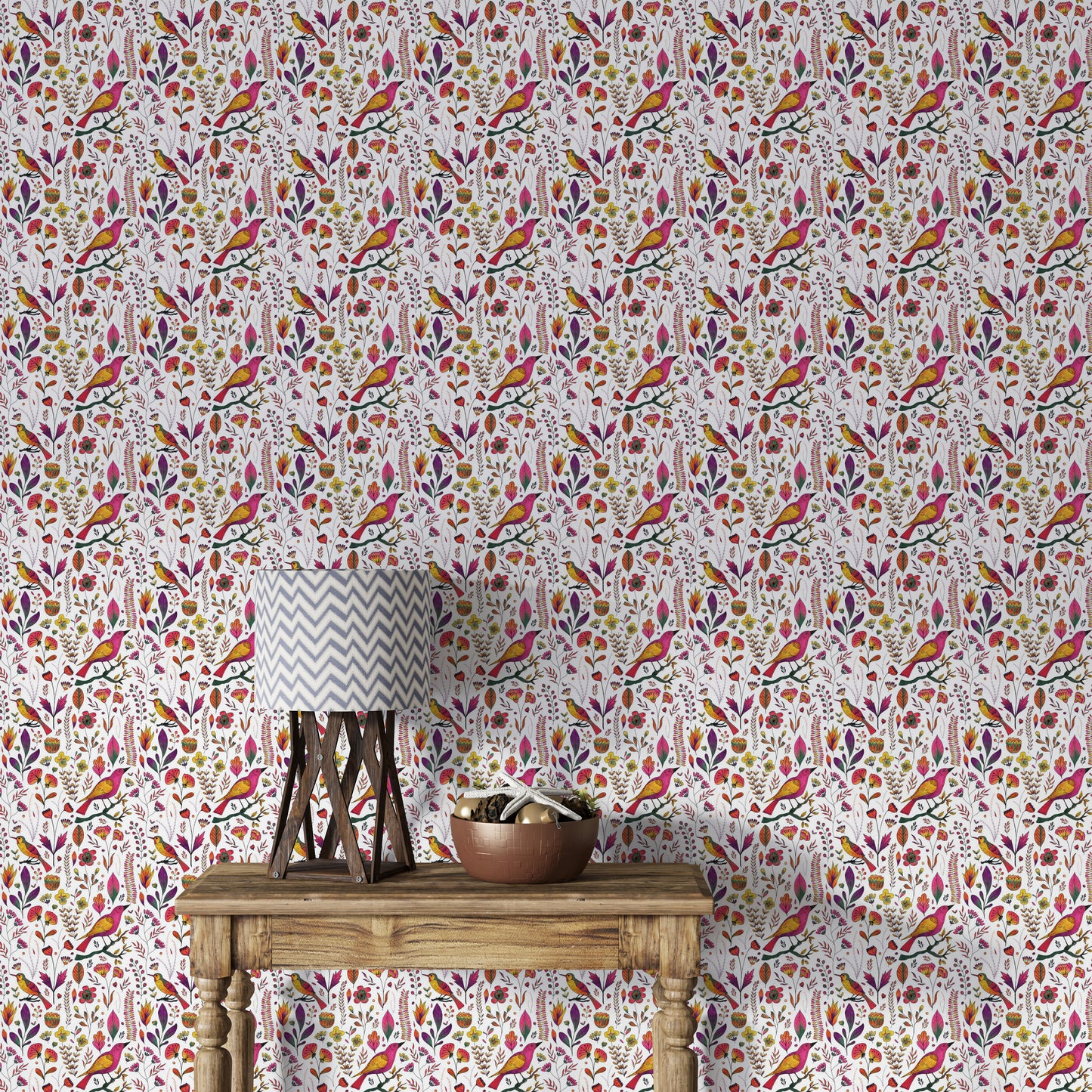 Whimsical Songbird Garden White Wallpaper