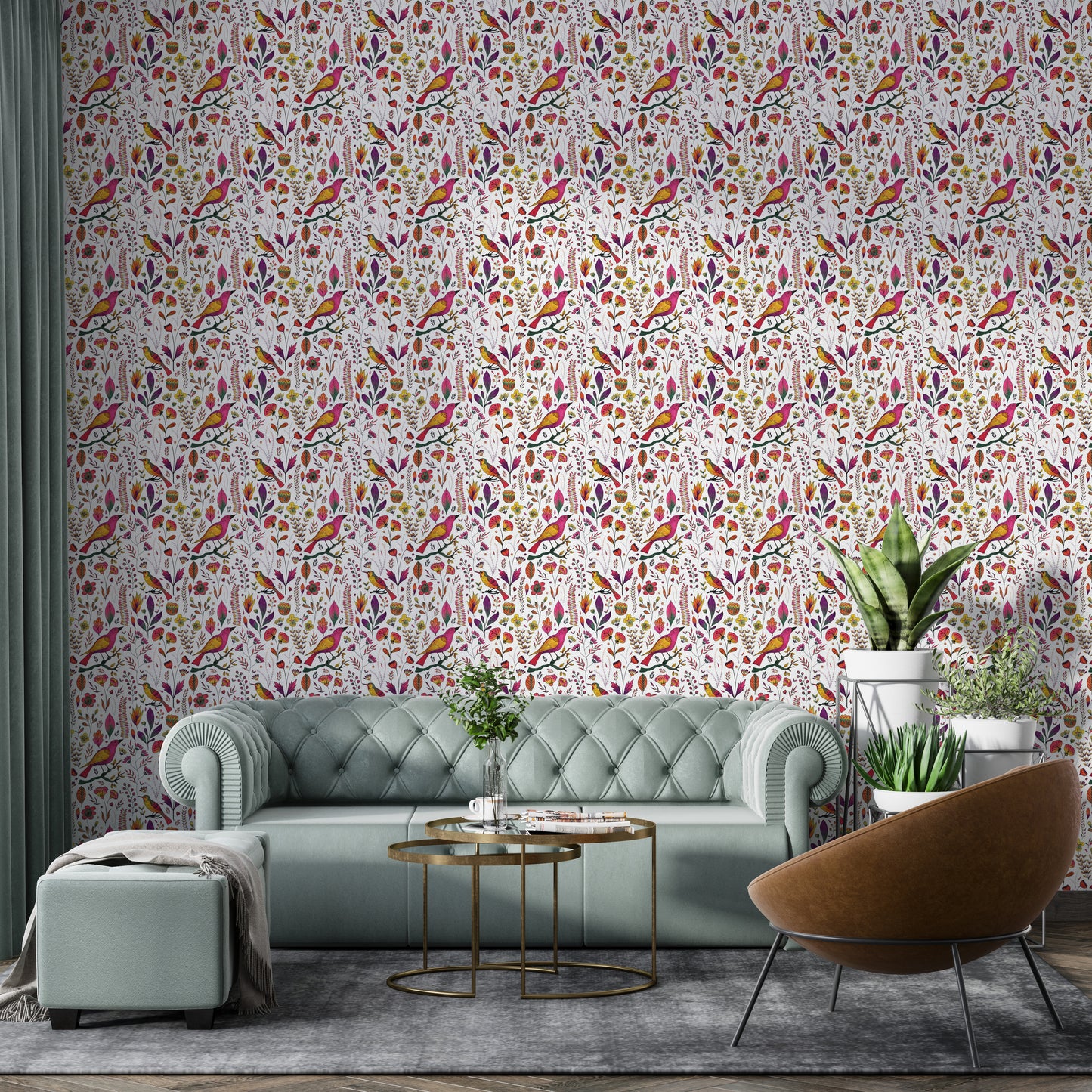 Whimsical Songbird Garden White Wallpaper