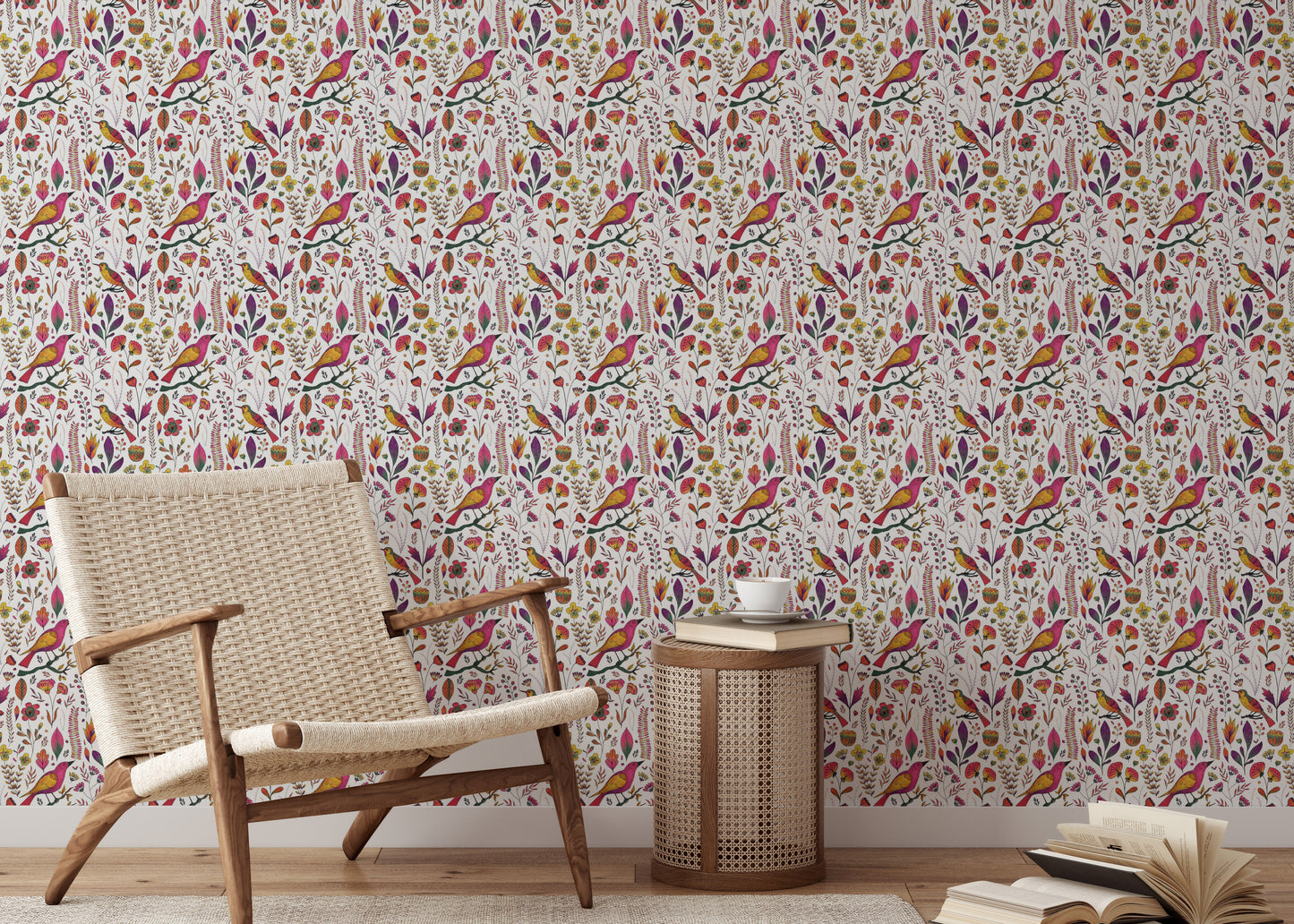 Whimsical Songbird Garden White Wallpaper