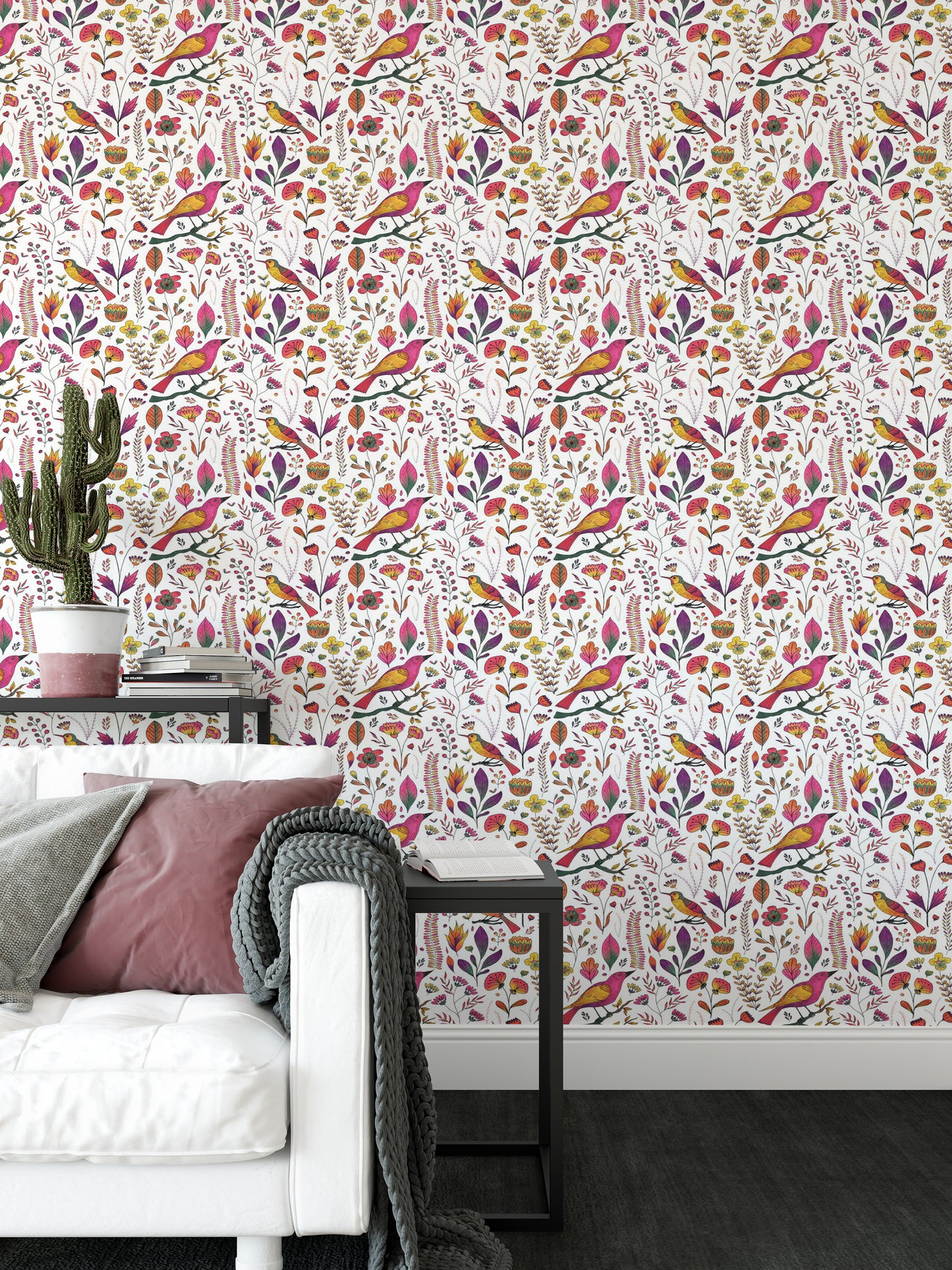 Whimsical Songbird Garden White Wallpaper