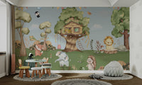A peaceful wall mural with a whimsical treehouse scene.

