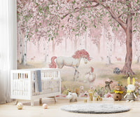 Unicorn Forest Pink Wallpaper Mural - Giffywalls