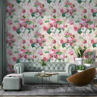 Soft, pastel watercolor roses mural with dreamy botanical accents.

